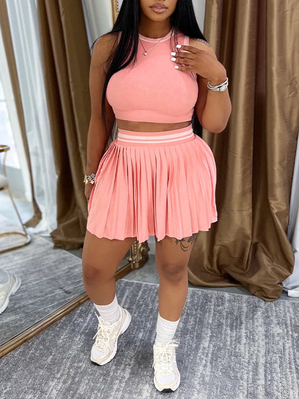 Indiebeautie Piping Tank Top & Pleated Skirt Set