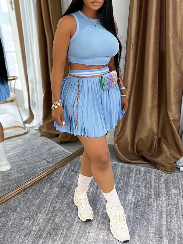 Indiebeautie Piping Tank Top & Pleated Skirt Set