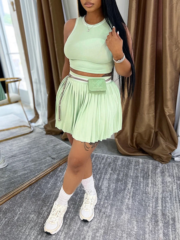 Indiebeautie Piping Tank Top & Pleated Skirt Set