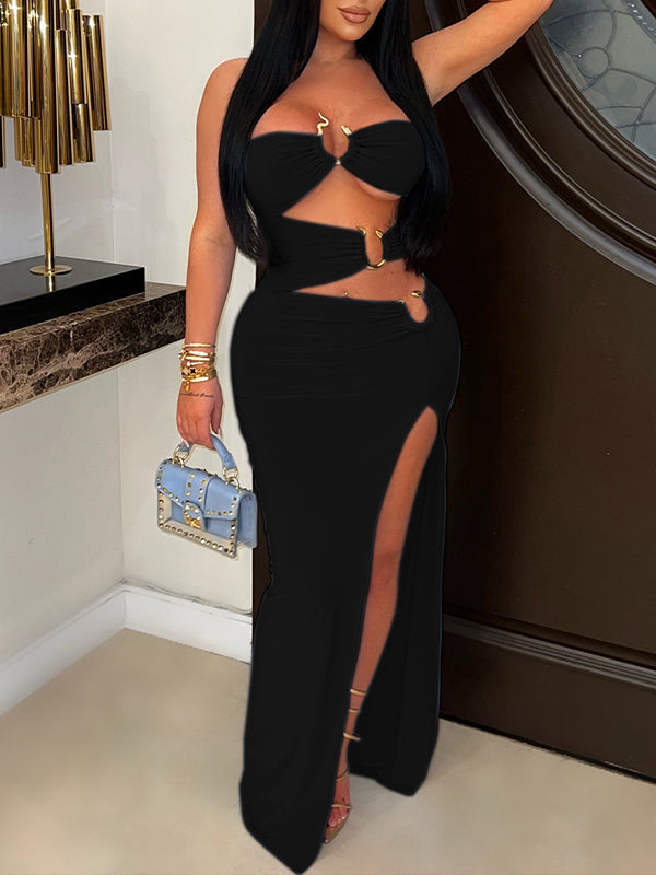 Trägerloses Kleid mit Cut-Outs und Schlitz