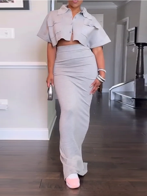 Einfarbiges Cargo-Hemd und Bleistiftrock-Set