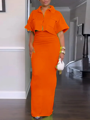 Einfarbiges Cargo-Hemd und Bleistiftrock-Set