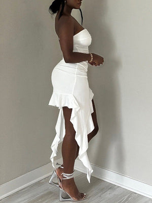 Asymmetrisches Schlauchkleid mit Rüschen