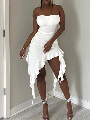 Asymmetrisches Schlauchkleid mit Rüschen