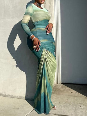 Bedrucktes, gerüschtes Maxikleid