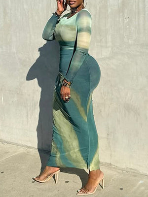 Bedrucktes, gerüschtes Maxikleid