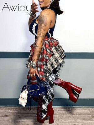 Plaid Combo Tiered Skirt