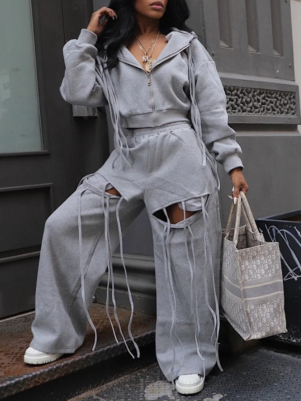 Set aus Kapuzenpullover und Hose mit Fransenreißverschluss