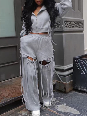 Set aus Kapuzenpullover und Hose mit Fransenreißverschluss