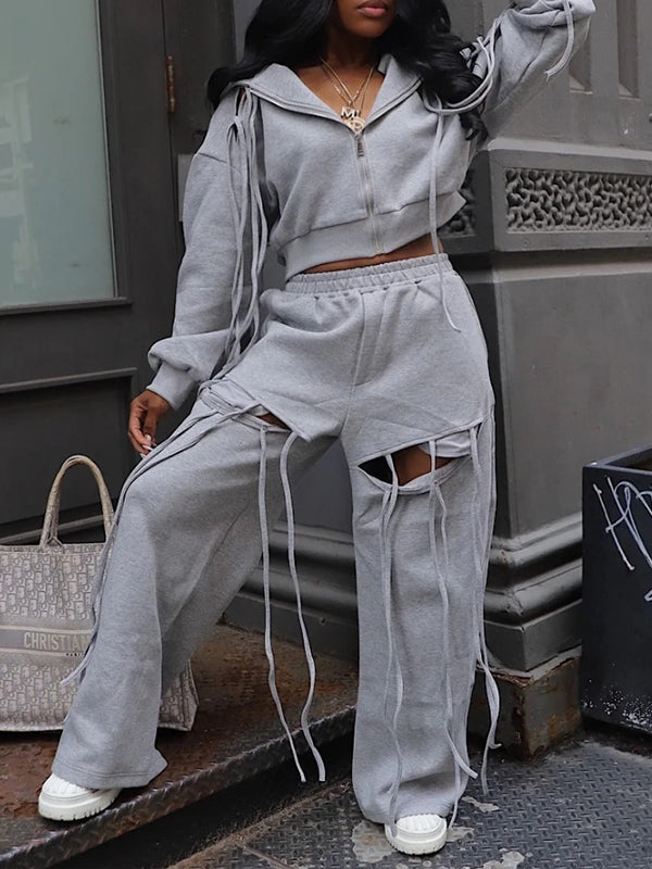 Set aus Kapuzenpullover und Hose mit Fransenreißverschluss