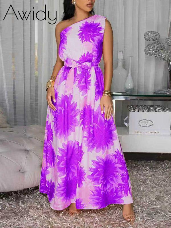 Printed One-Shoulder Maxi Dress Purple