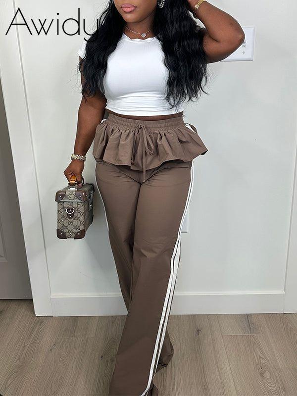 Side-Stripe Peplum Pants Brown