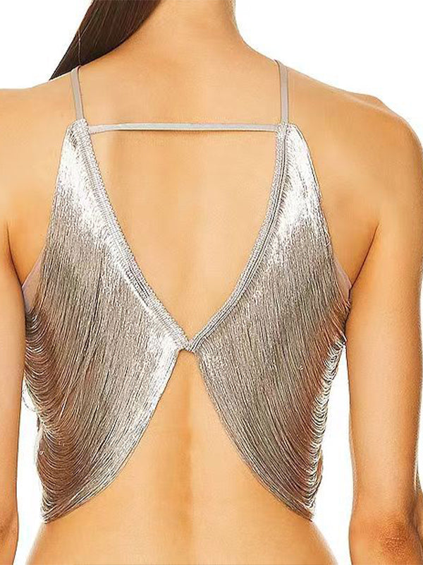 Neckholder-Top mit metallischen Fransen
