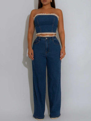 Set aus Jeans-Tube-Top und Hose mit Rüschen