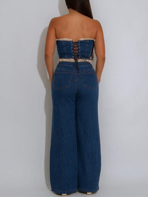 Set aus Jeans-Tube-Top und Hose mit Rüschen
