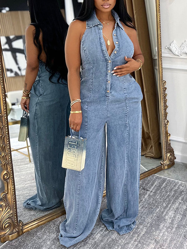 Neckholder-Jeans-Jumpsuit mit Knopfleiste vorne