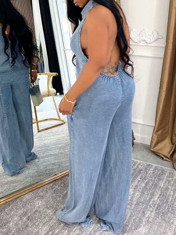 Neckholder-Jeans-Jumpsuit mit Knopfleiste vorne
