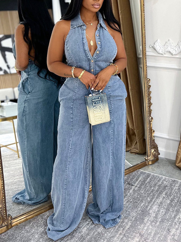 Neckholder-Jeans-Jumpsuit mit Knopfleiste vorne