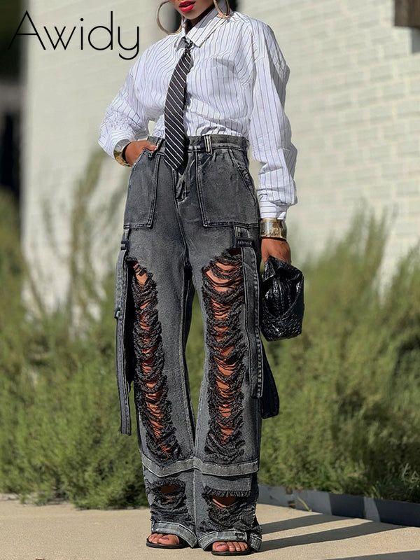 Ripped Cargo Jeans Black