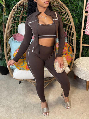 Zip-Front Jacket 3PC Set Brown
