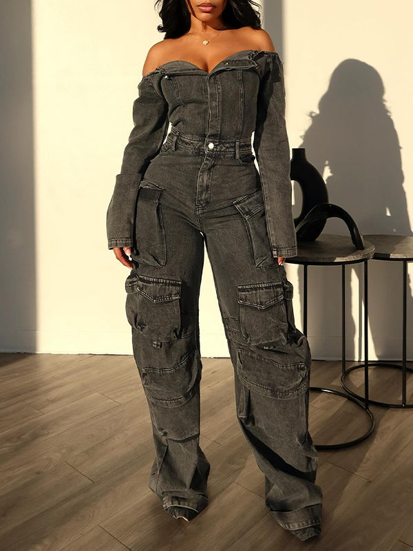 Off-Shoulder-Jeans-Cargo-Jumpsuit