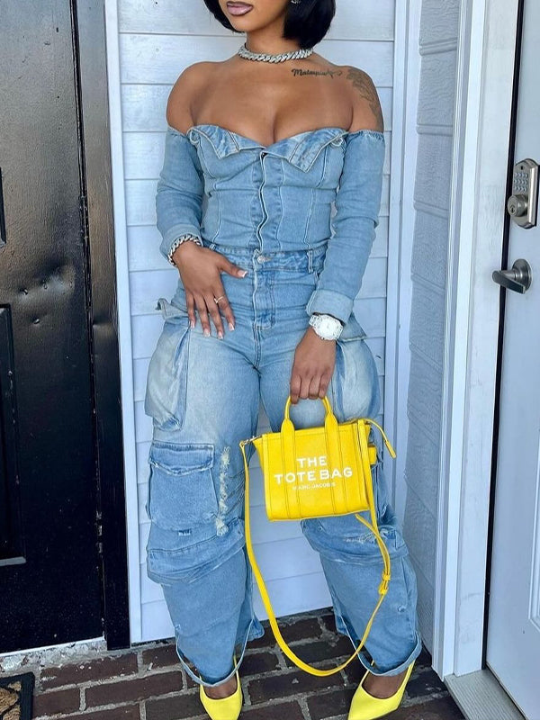 Off-Shoulder-Jeans-Cargo-Jumpsuit