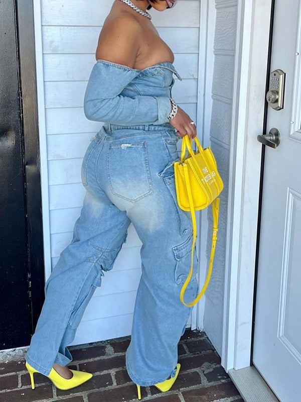 Off-Shoulder-Jeans-Cargo-Jumpsuit