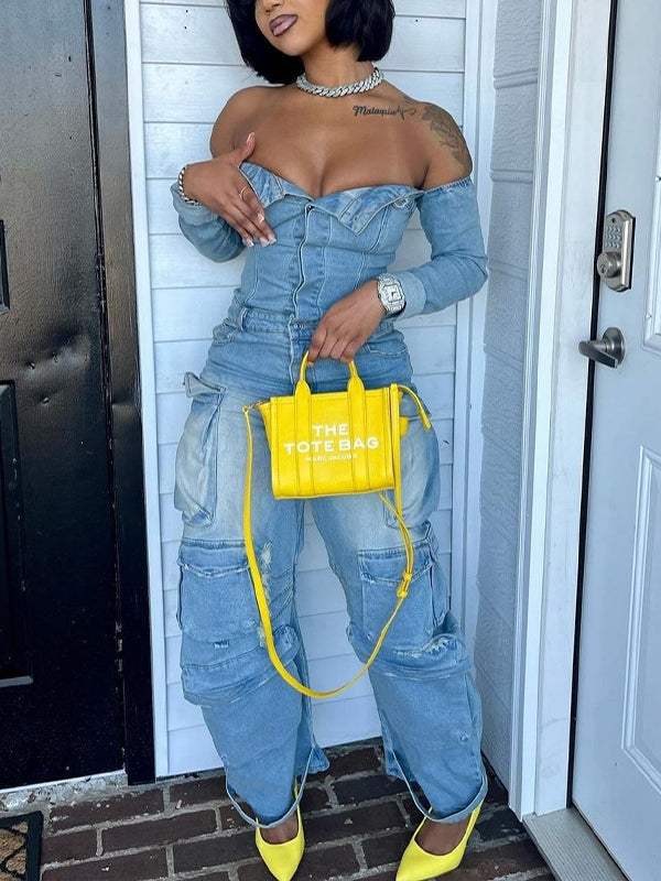 Off-Shoulder-Jeans-Cargo-Jumpsuit