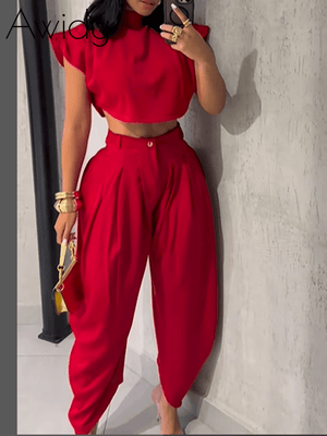 Solid Mock-Neck Top & Heram Pants Set Red