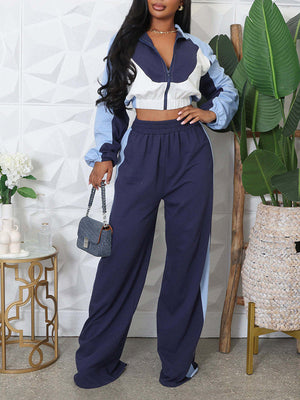 Colorblock Jacket & Wide-Leg Pants Set