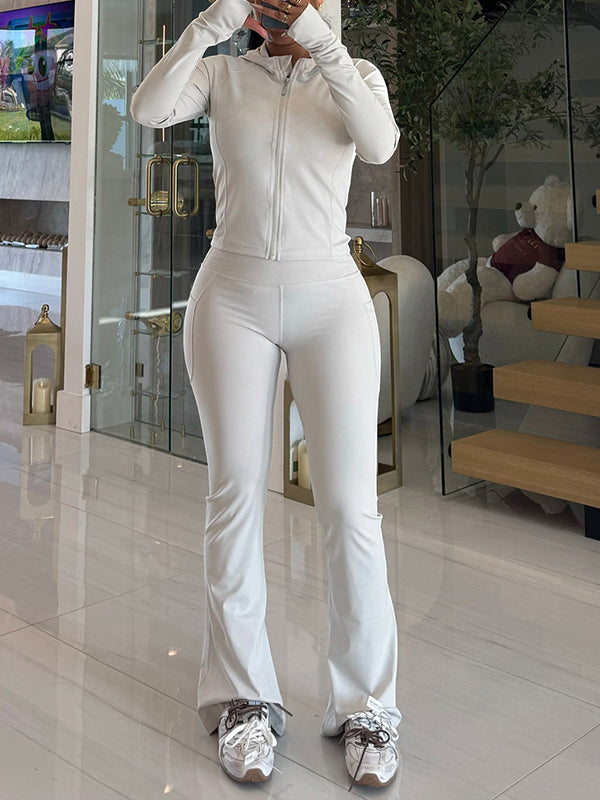 Solid Zip Hoodie & Flared Pants Set