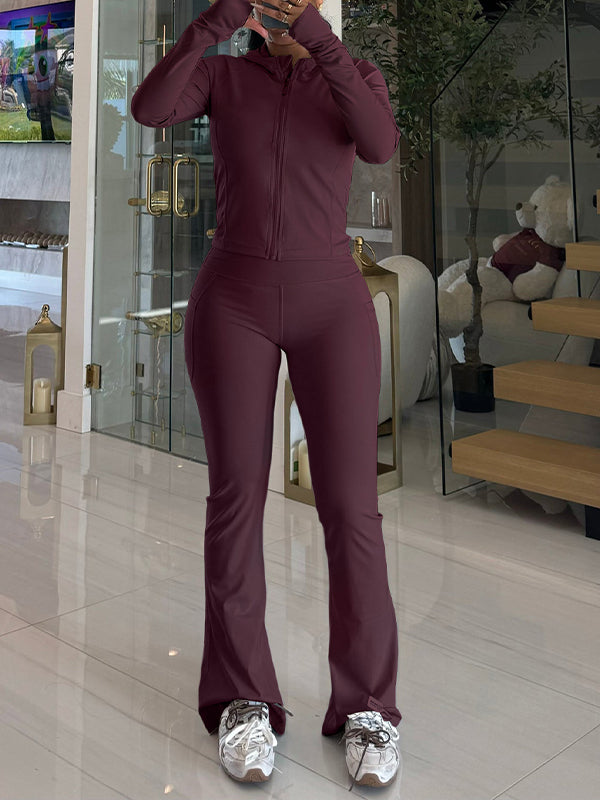 Solid Zip Hoodie & Flared Pants Set