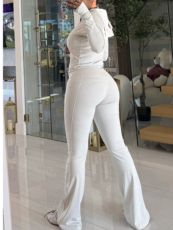 Solid Zip Hoodie & Flared Pants Set