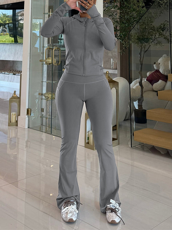 Solid Zip Hoodie & Flared Pants Set