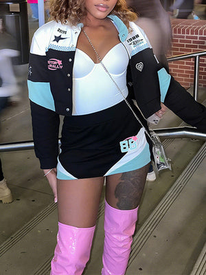 Colorblock Cropped Jacket & Skirt Set