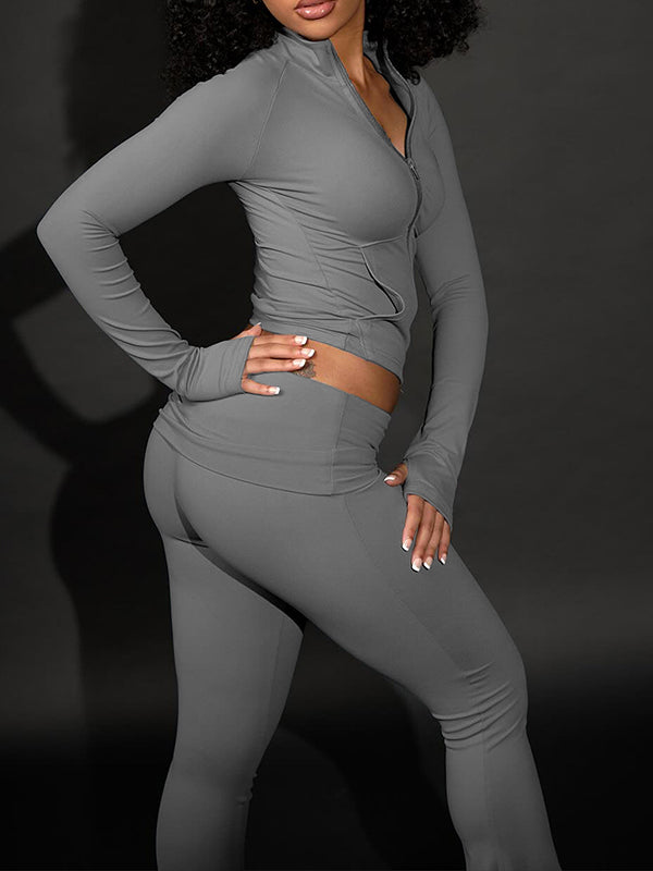Solid Zip-Front Jacket & Flared Pants Set