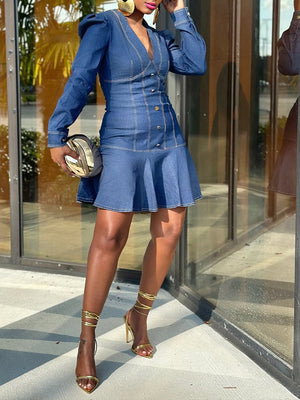 V-Neck Button-Front Denim Dress