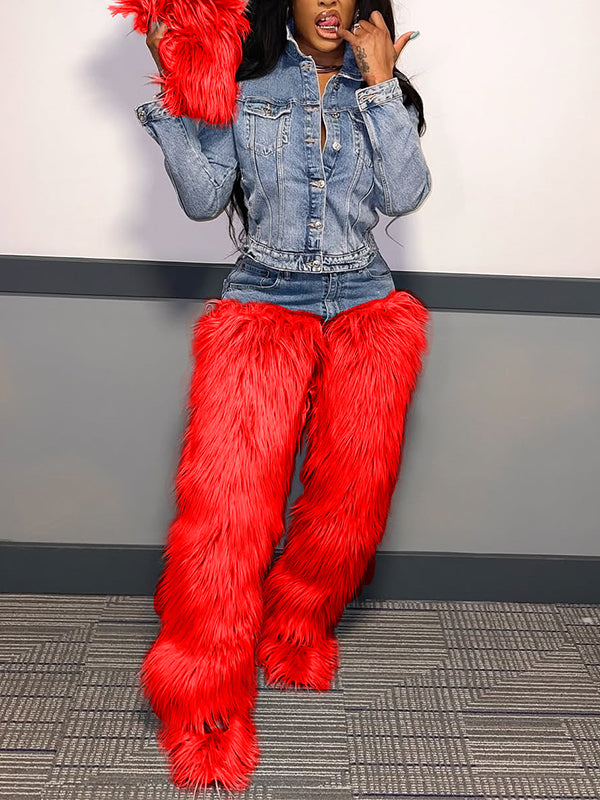 Denim-Combo Faux-Fur Pants