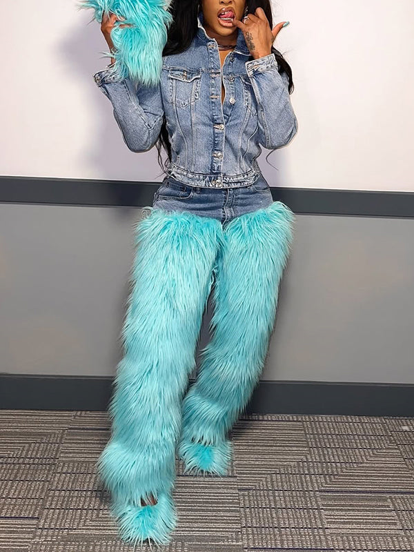 Denim-Combo Faux-Fur Pants