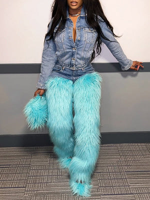 Denim-Combo Faux-Fur Pants