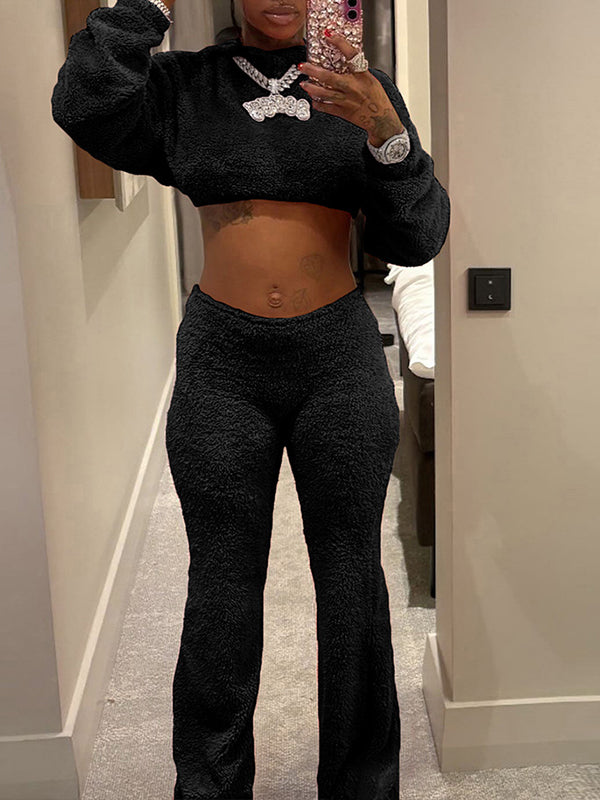 Furry Cropped Hoodie & Pants Set