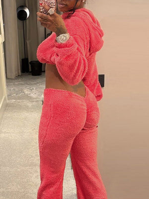 Furry Cropped Hoodie & Pants Set