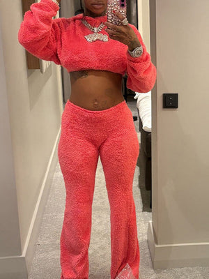 Furry Cropped Hoodie & Pants Set