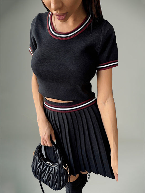 Knit Piping Top & Pleated Skirt Set