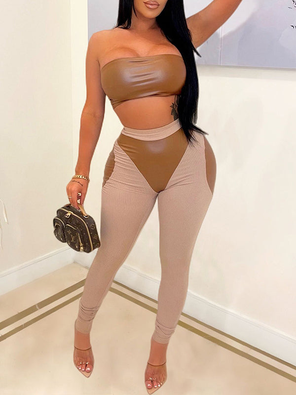 Faux-Leather Bandeau Top & Combo Pants Set