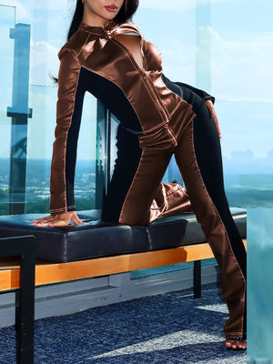 Faux-Leather Combo Jacket & Pants Set