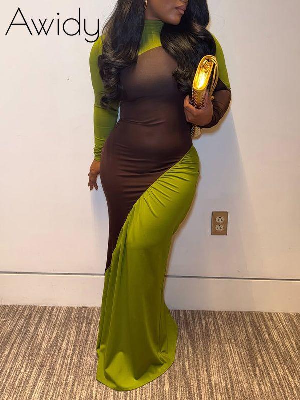 Two-Tone Ruched Maxi Dress