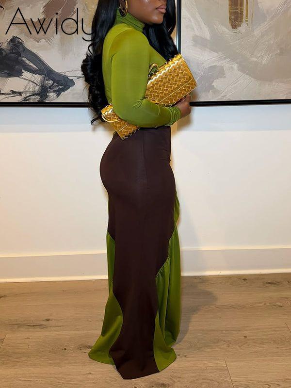 Two-Tone Ruched Maxi Dress
