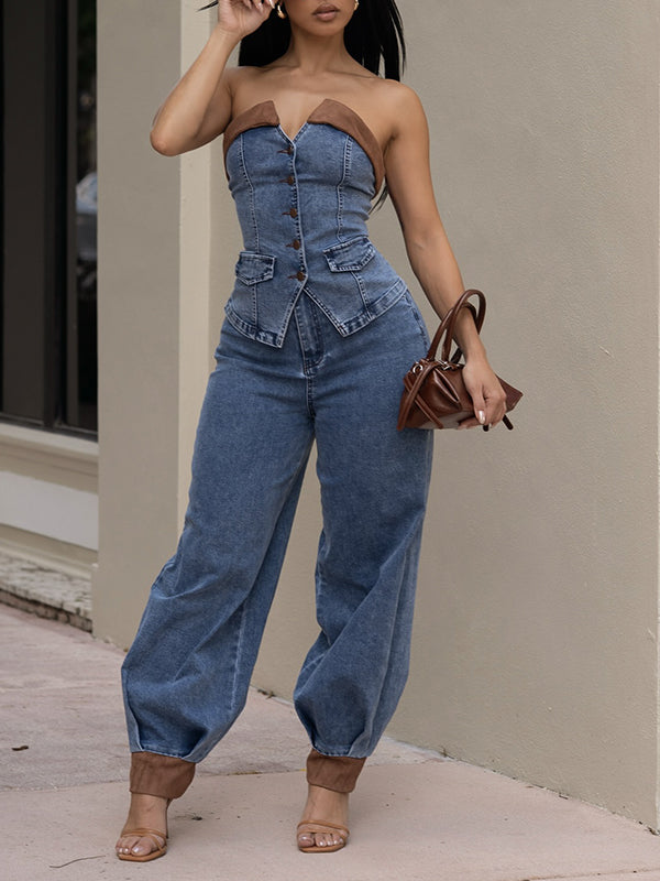 Contrast Denim Tube Top & Pants Set