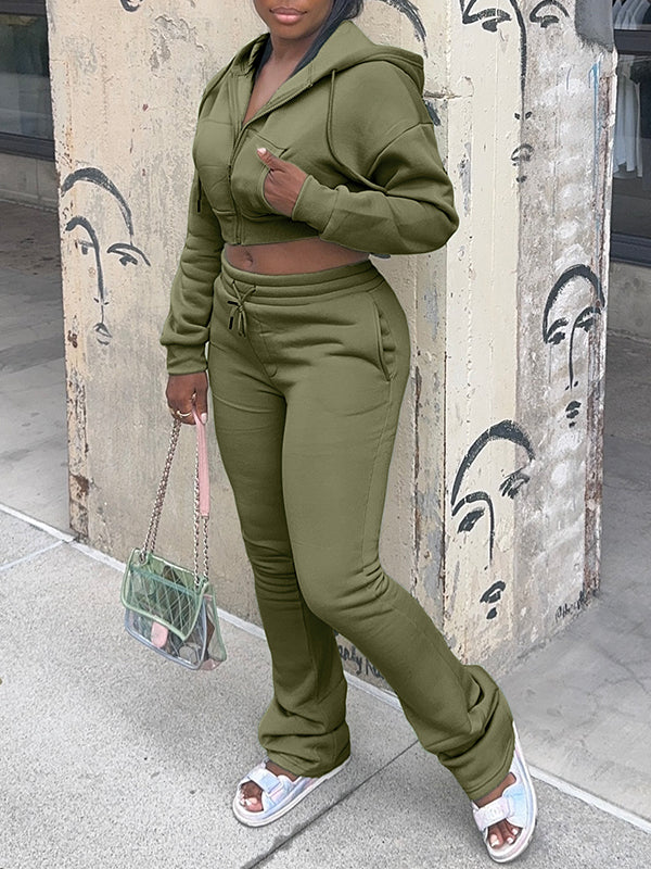 Solid Zip-Front Hoodie & Pants Set